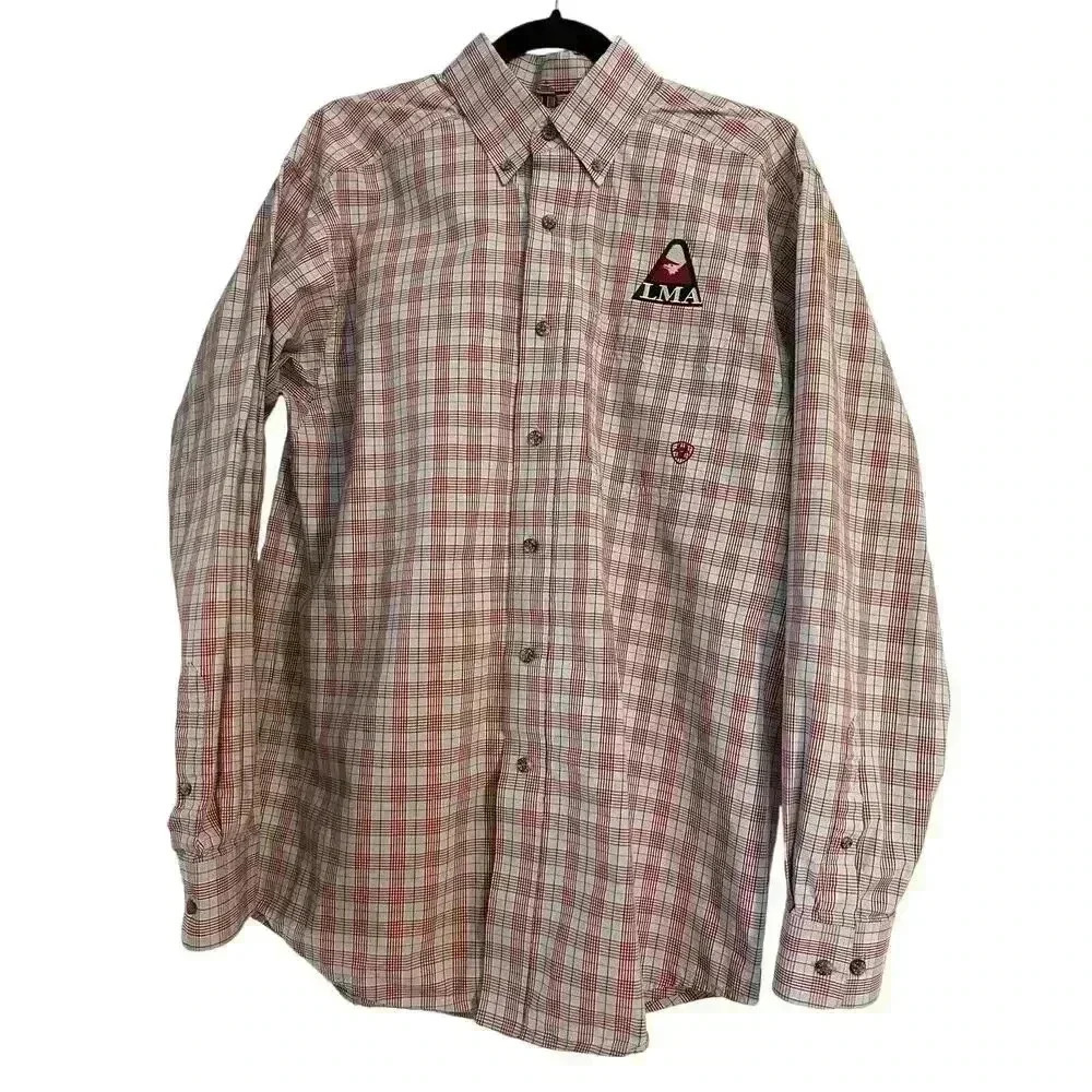 Ariat Mens M Red Plaid Pro Series Button Up Long Sleeve Vented Western Shirt